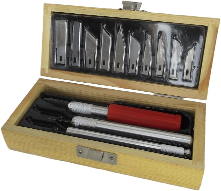 Professional Hobby Craft Knife Set with 13 Blades, Wooden Storage Box, 3 Metal Handles, Precision Cutting Tools for Crafting