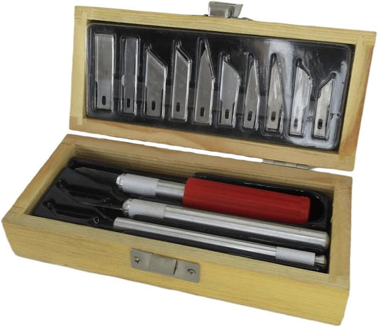 Professional Hobby Craft Knife Set with 13 Blades, Wooden Storage Box, 3 Metal Handles, Precision Cutting Tools for Crafting