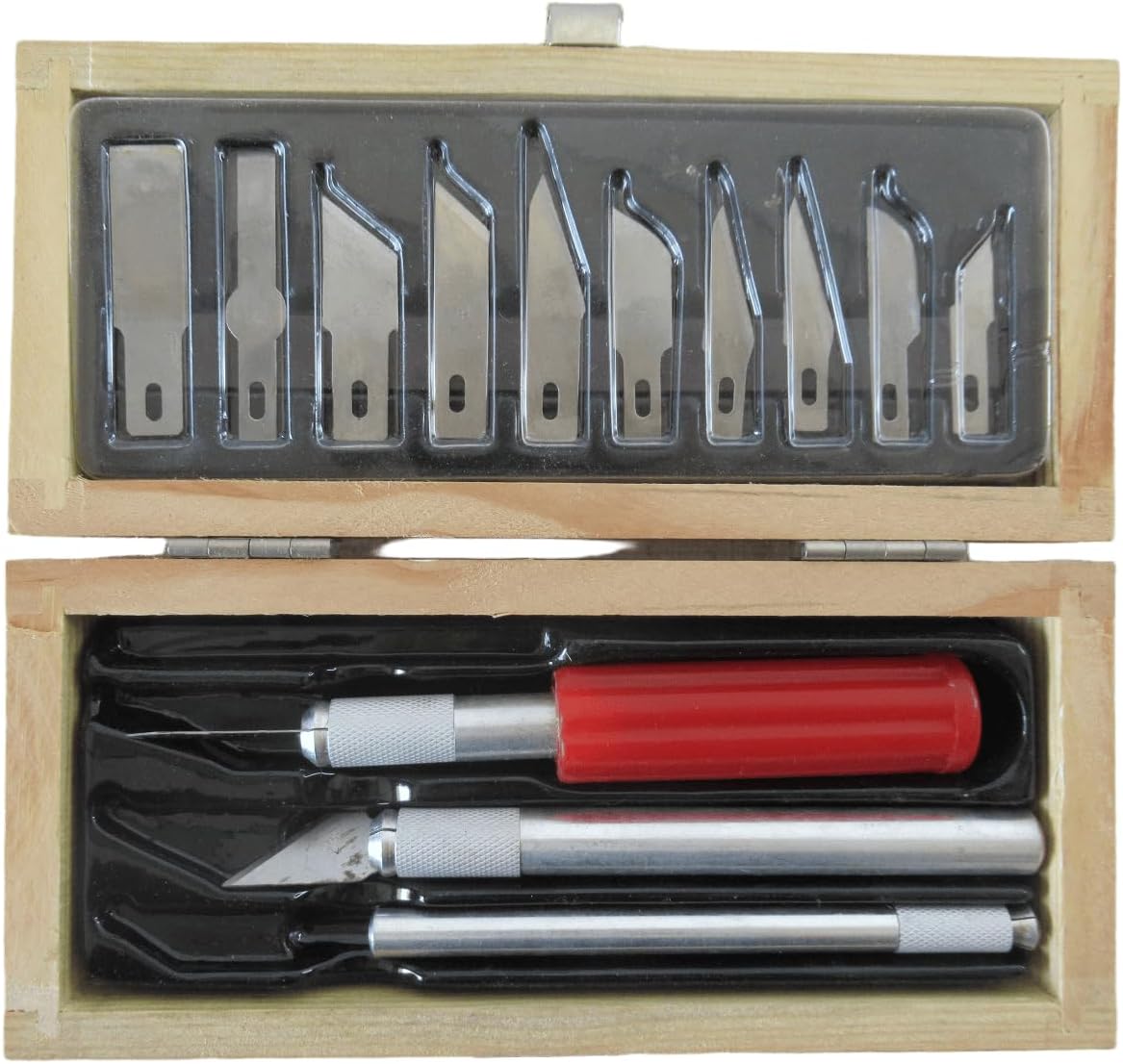 Professional Hobby Craft Knife Set with 13 Blades, Wooden Storage Box, 3 Metal Handles, Precision Cutting Tools for Crafting