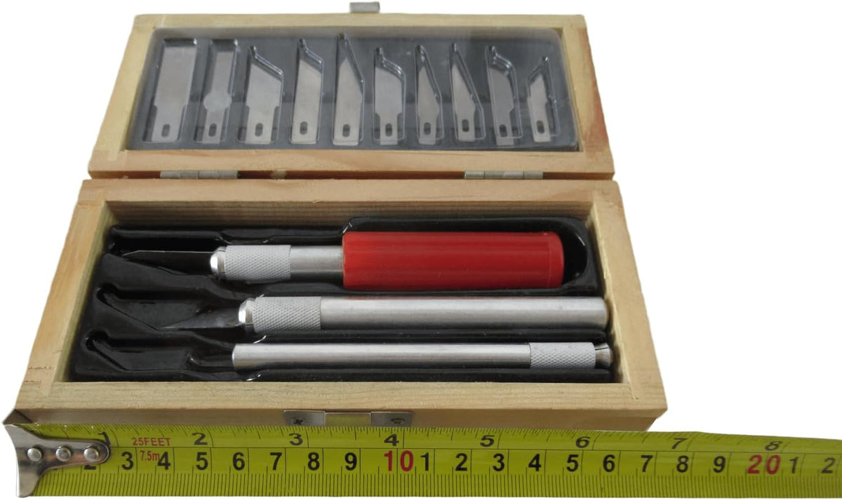Professional Hobby Craft Knife Set with 13 Blades, Wooden Storage Box, 3 Metal Handles, Precision Cutting Tools for Crafting