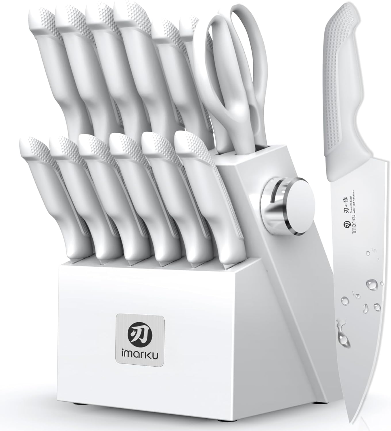 14 Pcs Kitchen Knife Set, Japanese Knives Set for Kitchen, Stainless Steel Knife Set with Block and Build-in Sharpener, White, Anti-Slip Handle, Dishwasher Safe, Gift for Women
