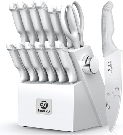 14 Pcs Kitchen Knife Set, Japanese Knives Set for Kitchen, Stainless Steel Knife Set with Block and Build-in Sharpener, White, Anti-Slip Handle, Dishwasher Safe, Gift for Women