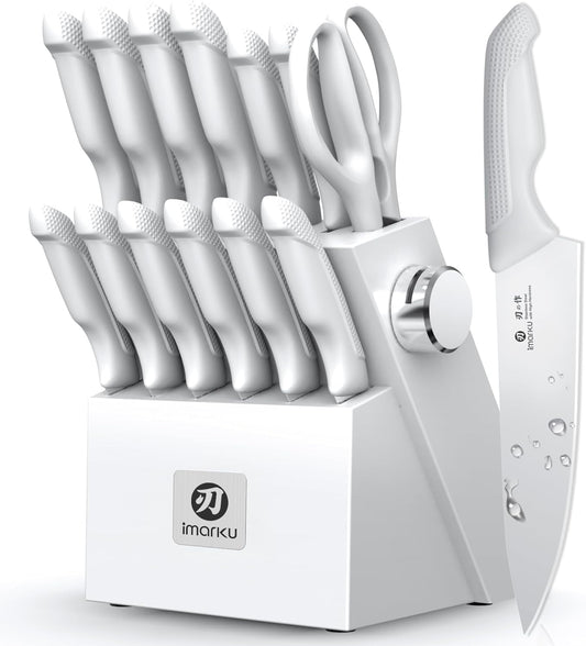 14 Pcs Kitchen Knife Set, Japanese Knives Set for Kitchen, Stainless Steel Knife Set with Block and Build-in Sharpener, White, Anti-Slip Handle, Dishwasher Safe, Gift for Women