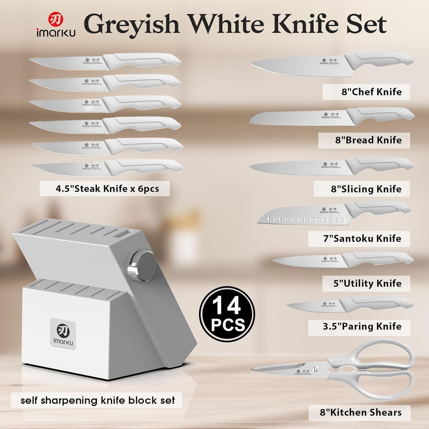 14 Pcs Kitchen Knife Set, Japanese Knives Set for Kitchen, Stainless Steel Knife Set with Block and Build-in Sharpener, White, Anti-Slip Handle, Dishwasher Safe, Gift for Women
