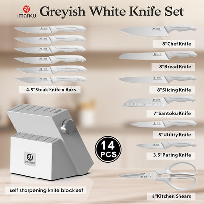 14 Pcs Kitchen Knife Set, Japanese Knives Set for Kitchen, Stainless Steel Knife Set with Block and Build-in Sharpener, White, Anti-Slip Handle, Dishwasher Safe, Gift for Women