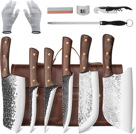 Chef Butcher Knife Set for Meat Cutting with Roll Bag, 12 PCS Japanese Forged Chef Knives Set for Men and Women Gift for Men
