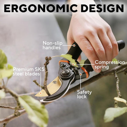 Premium Bypass Pruning Shears for your Garden - Heavy-Duty, Ultra Sharp Pruners w/Soft Cushion Grip Handle Made with Japanese Grade High Carbon Steel - Perfectly Cutting Through Anything in Your Yard