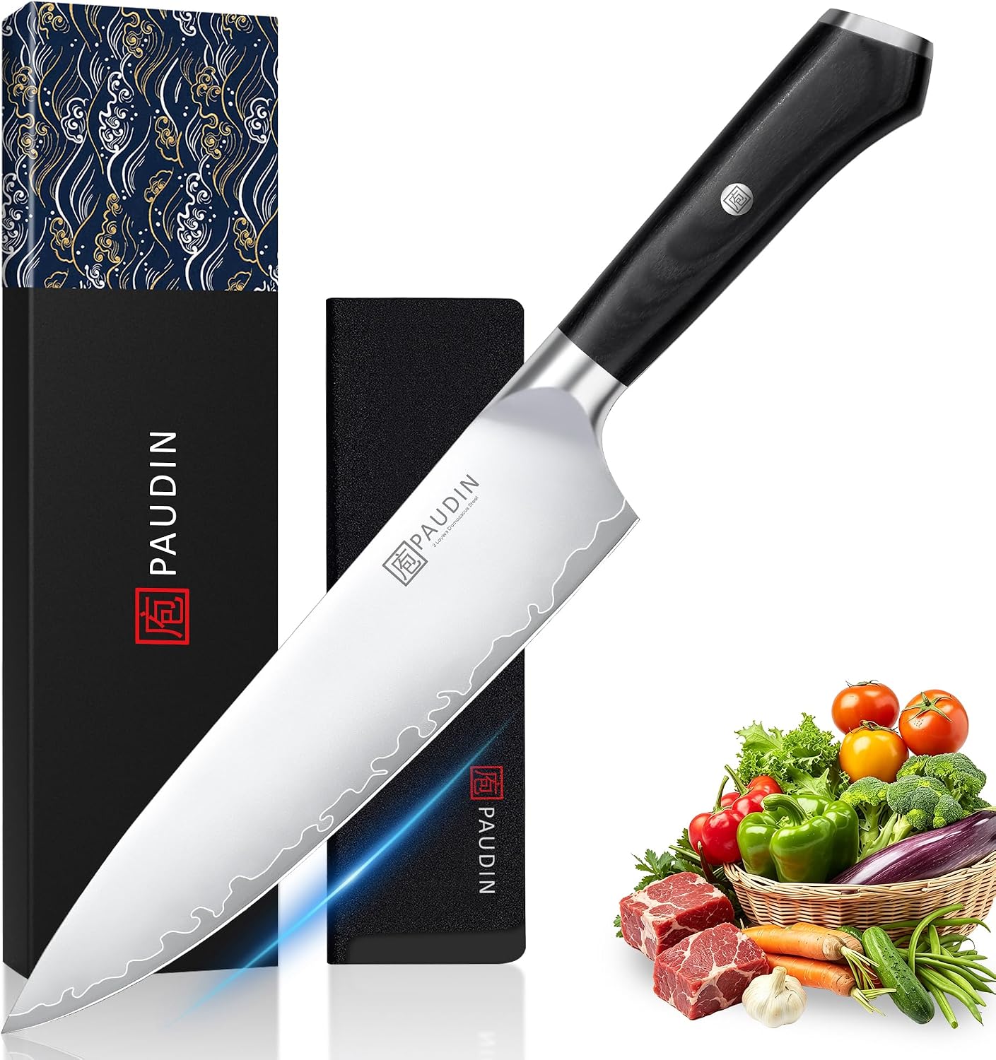 Chef Knife 8 Inch, Ultra Sharp Kitchen Knives 62 HRC, Multi-Layer Damascus Steel Professional Chefs Knife with Full Tang Ergonomic Wood Handle, Meat Vegetable Slicing Knives, Gift for Men Women