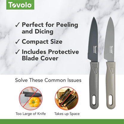 Paring Knife Set of 2 Stainless Steel 8 Inch Kitchen Knives with Protective Blade Cover Sharp Small Comfort Grip Handle Paring Knife Set for Cutting Slicing Dicing Charcoal and Gray