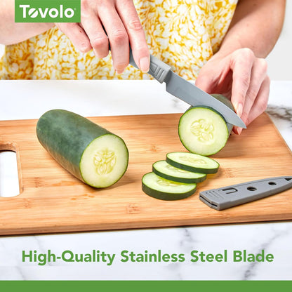 Paring Knife Set of 2 Stainless Steel 8 Inch Kitchen Knives with Protective Blade Cover Sharp Small Comfort Grip Handle Paring Knife Set for Cutting Slicing Dicing Charcoal and Gray