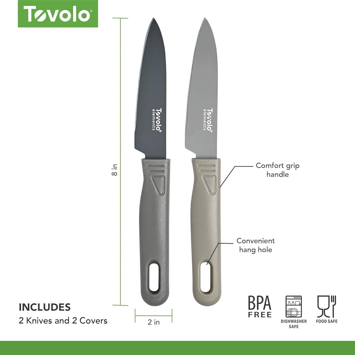 Paring Knife Set of 2 Stainless Steel 8 Inch Kitchen Knives with Protective Blade Cover Sharp Small Comfort Grip Handle Paring Knife Set for Cutting Slicing Dicing Charcoal and Gray