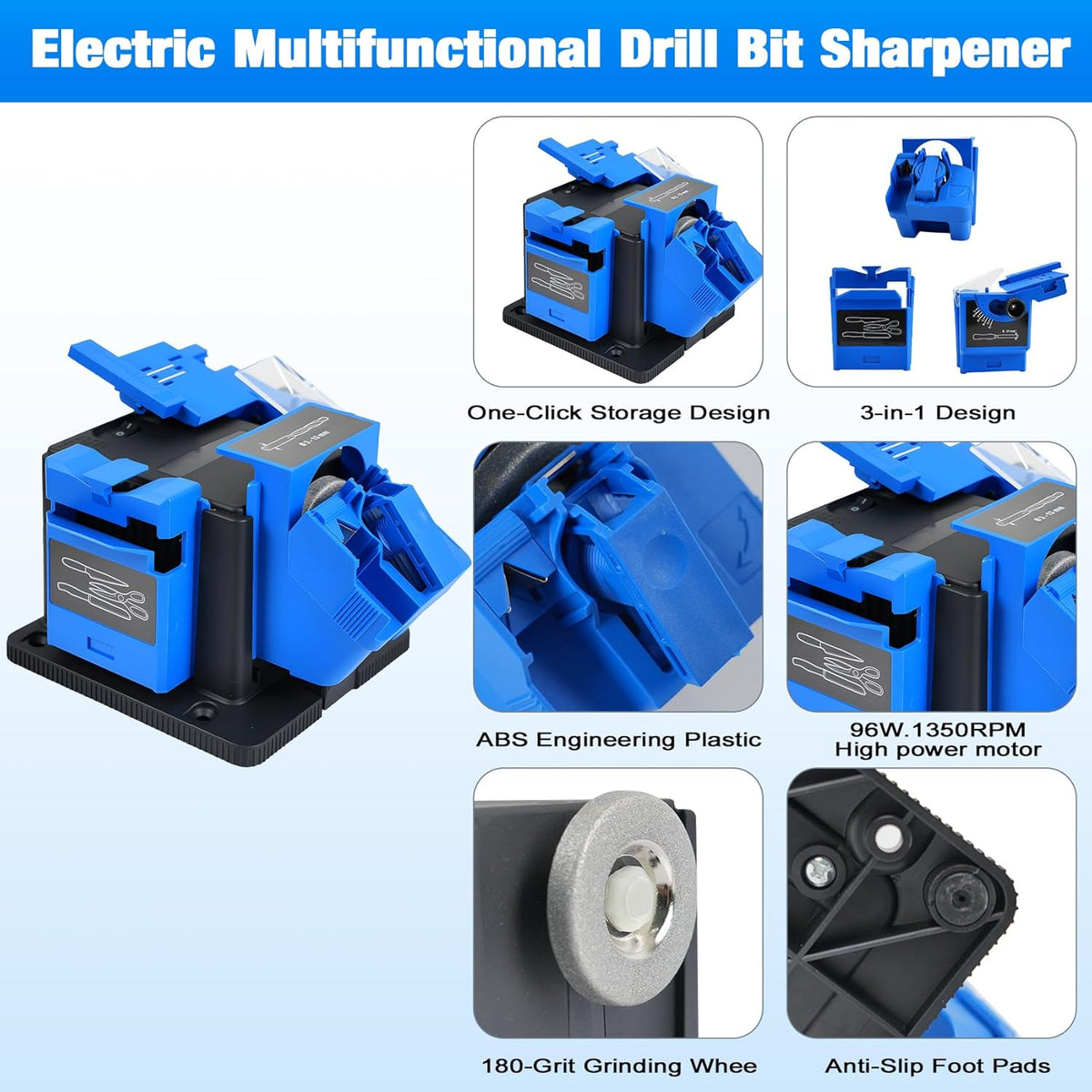 3-in-1 Multifunction Electric Drill Bit Sharpener for Knife, drill, Chisel | Multifunction Adjustable Angles, 96W 1350rpm drill doctor afilador de brocas, Compact Design