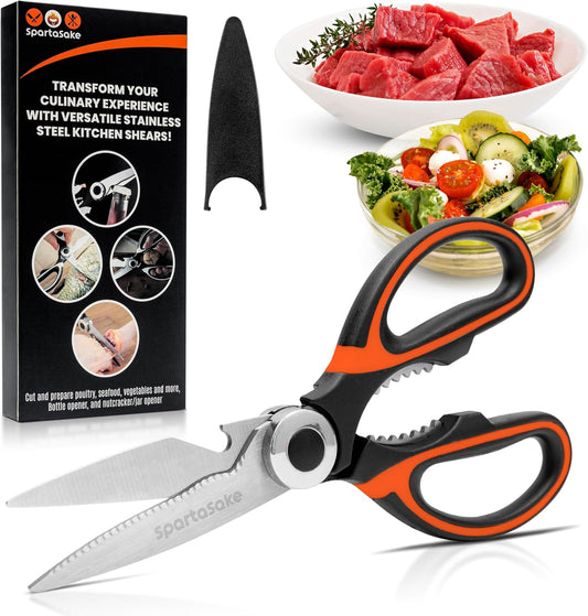 Premium Kitchen Shears, Stainless Steel Food Scissors, Black & Orange | Multipurpose Food Scissors with Protective Sleeve for Cooking, BBQ, Fish, Chicken, Pizza, Herbs & Kitchen Tasks