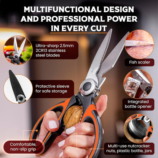 Premium Kitchen Shears, Stainless Steel Food Scissors, Black & Orange | Multipurpose Food Scissors with Protective Sleeve for Cooking, BBQ, Fish, Chicken, Pizza, Herbs & Kitchen Tasks