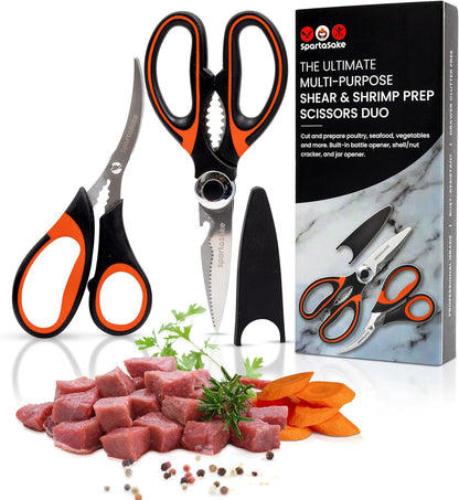 Premium Kitchen Shears, Stainless Steel Food Scissors, Black & Orange | Multipurpose Food Scissors with Protective Sleeve for Cooking, BBQ, Fish, Chicken, Pizza, Herbs & Kitchen Tasks