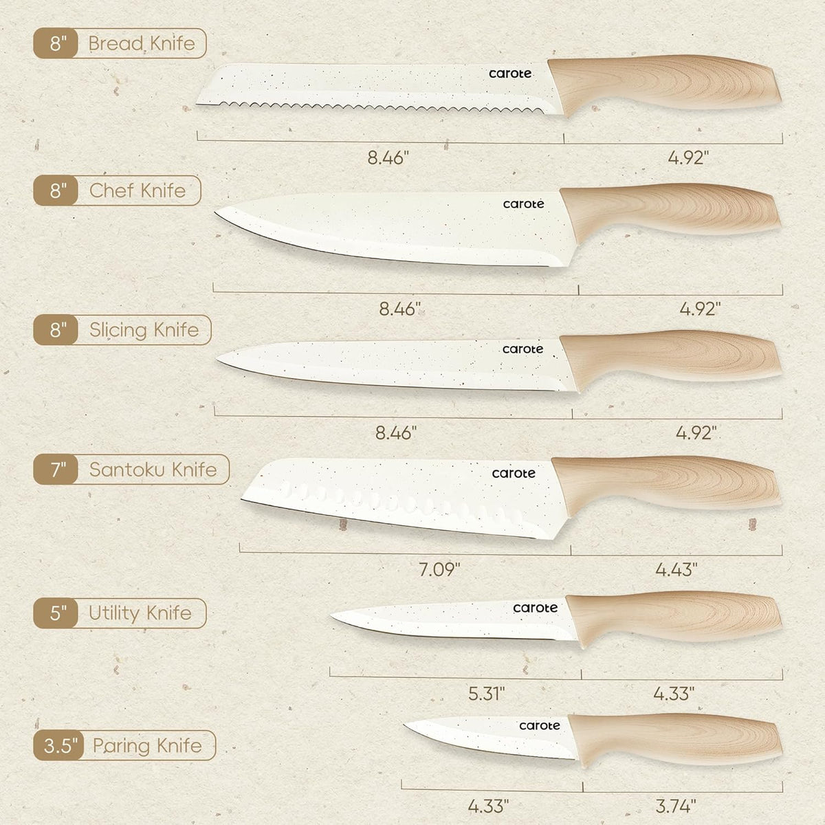 12-Piece Knife Set, Knives with Wood-Grain Finish Handles, White