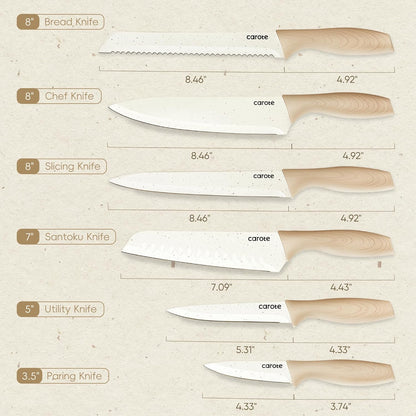 12-Piece Knife Set, Knives with Wood-Grain Finish Handles, White
