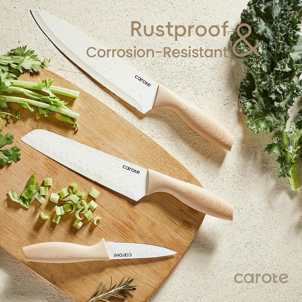 12-Piece Knife Set, Knives with Wood-Grain Finish Handles, White
