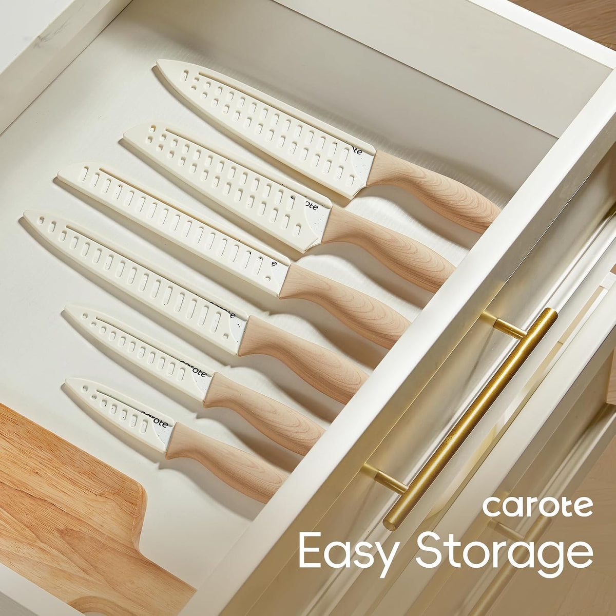 12-Piece Knife Set, Knives with Wood-Grain Finish Handles, White