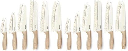 12-Piece Knife Set, Knives with Wood-Grain Finish Handles, White