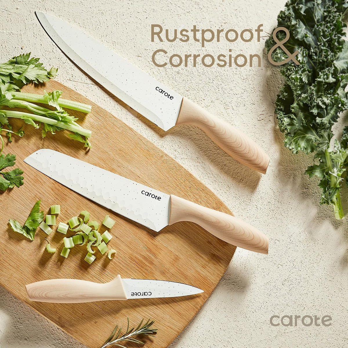 12-Piece Knife Set, Knives with Wood-Grain Finish Handles, White