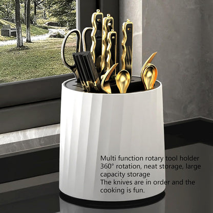 Universal Knife Holder, Multiple Slot Knife Block Holder Rotating Utensil Holder Knife Organizer Cylinder Kitchen Cutter Holder for Knives Chopsticks Spoons Forks (White)