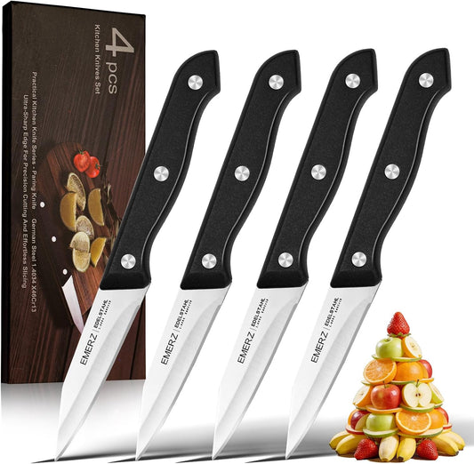Paring Knives Set of 4,Sharp Stainless Steel Paring Knife,3.5inch,Ergonomic PP Plastic Handle,Triple Rivet Small Kitchen Knife for Peeling Coring Cutting,Black Parers for Fruit,Vegetable