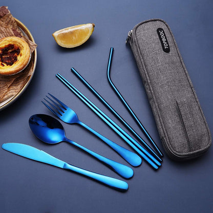 Portable Stainless Steel Flatware Set, Travel Camping Cutlery Set, Portable Utensil Travel Silverware Dinnerware Set with a Waterproof Case (Rainbow)