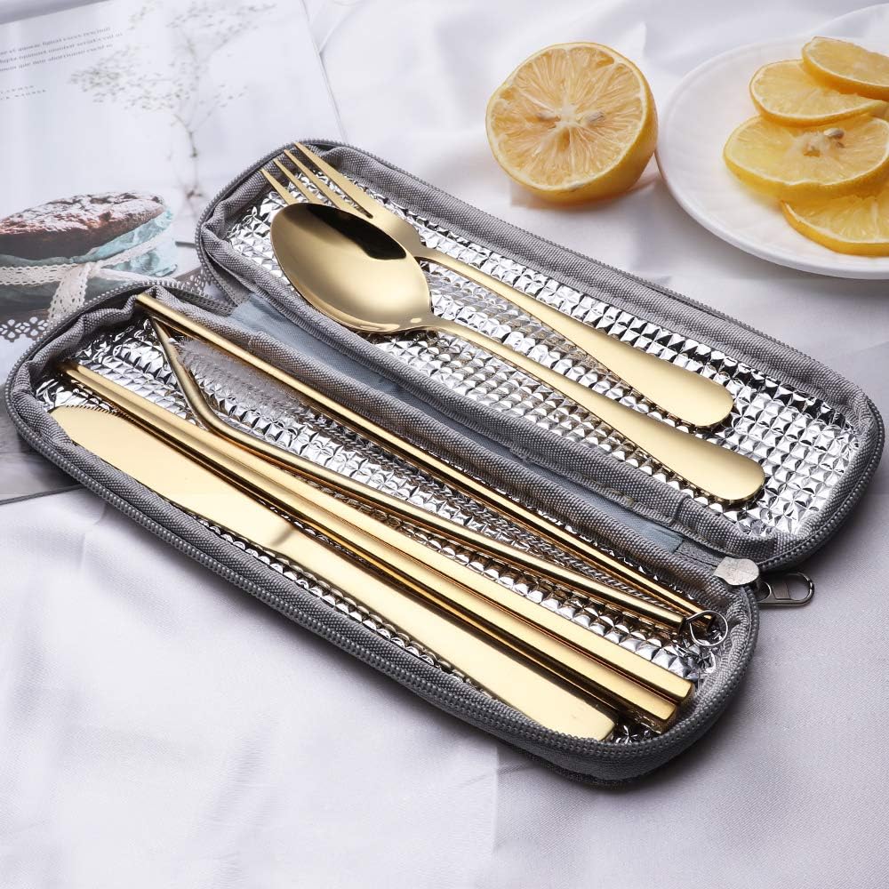 Portable Stainless Steel Flatware Set, Travel Camping Cutlery Set, Portable Utensil Travel Silverware Dinnerware Set with a Waterproof Case (Rainbow)
