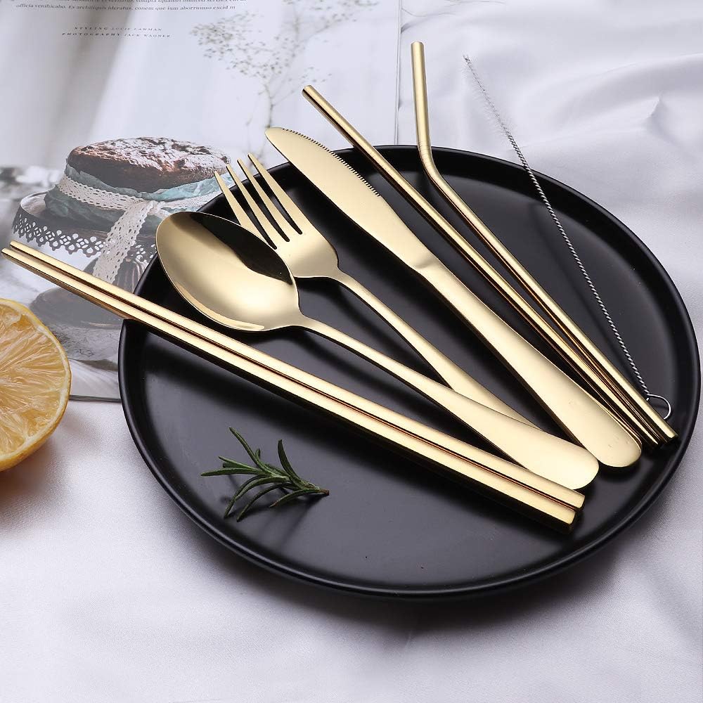 Portable Stainless Steel Flatware Set, Travel Camping Cutlery Set, Portable Utensil Travel Silverware Dinnerware Set with a Waterproof Case (Rainbow)