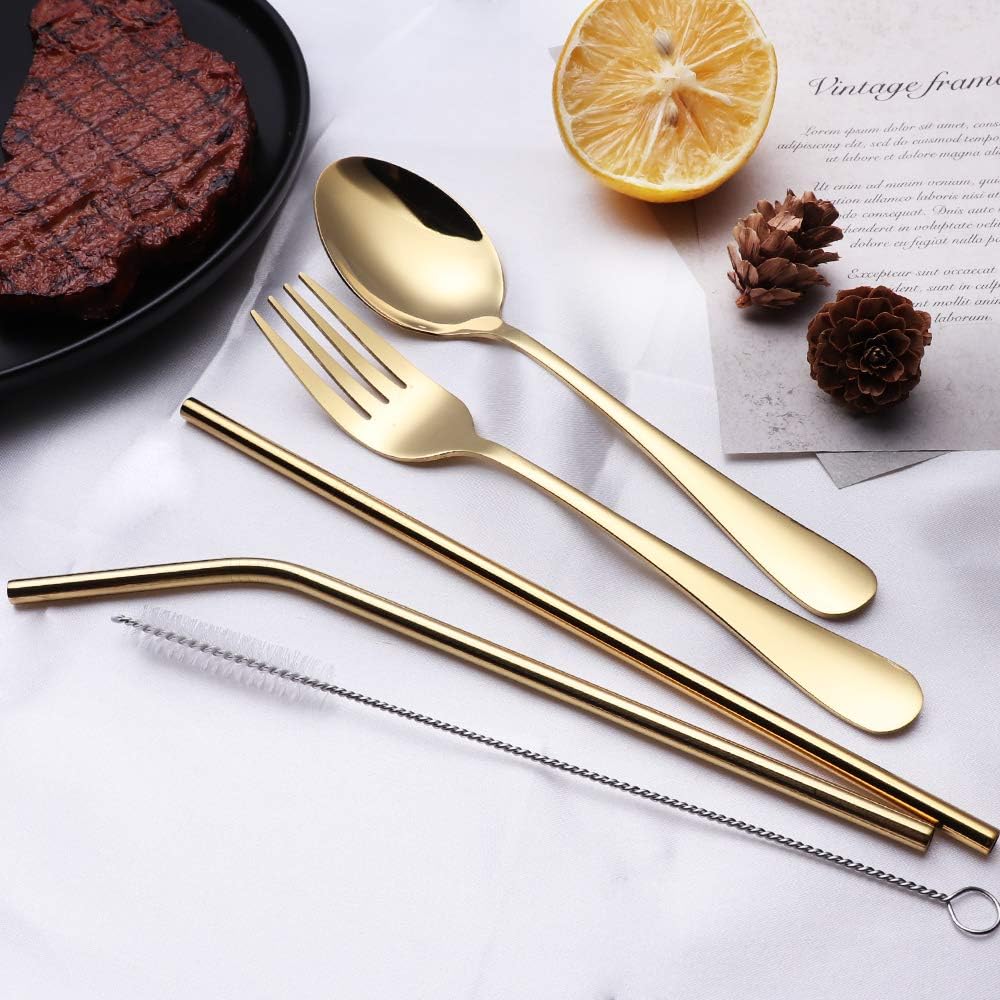 Portable Stainless Steel Flatware Set, Travel Camping Cutlery Set, Portable Utensil Travel Silverware Dinnerware Set with a Waterproof Case (Rainbow)