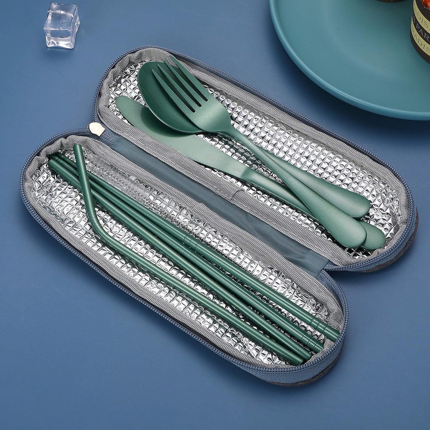 Portable Stainless Steel Flatware Set, Travel Camping Cutlery Set, Portable Utensil Travel Silverware Dinnerware Set with a Waterproof Case (Rainbow)