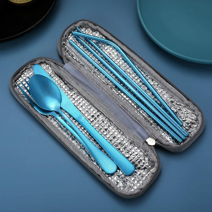 Portable Stainless Steel Flatware Set, Travel Camping Cutlery Set, Portable Utensil Travel Silverware Dinnerware Set with a Waterproof Case (Rainbow)