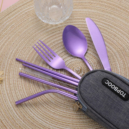 Portable Stainless Steel Flatware Set, Travel Camping Cutlery Set, Portable Utensil Travel Silverware Dinnerware Set with a Waterproof Case (Rainbow)