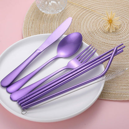 Portable Stainless Steel Flatware Set, Travel Camping Cutlery Set, Portable Utensil Travel Silverware Dinnerware Set with a Waterproof Case (Rainbow)