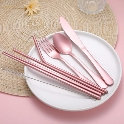 Portable Stainless Steel Flatware Set, Travel Camping Cutlery Set, Portable Utensil Travel Silverware Dinnerware Set with a Waterproof Case (Rainbow)