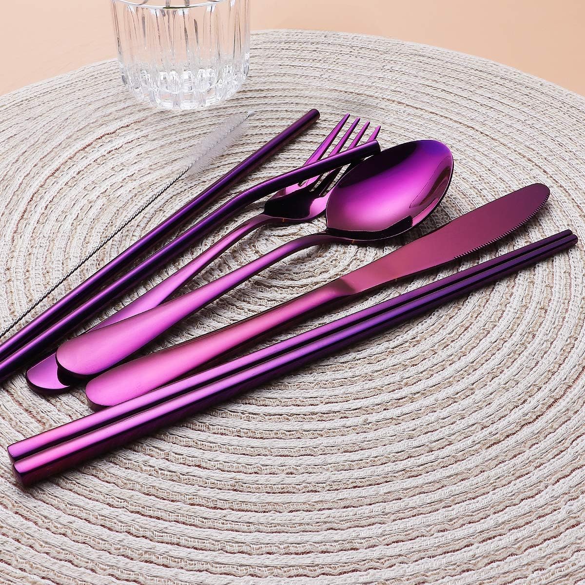 Portable Stainless Steel Flatware Set, Travel Camping Cutlery Set, Portable Utensil Travel Silverware Dinnerware Set with a Waterproof Case (Rainbow)