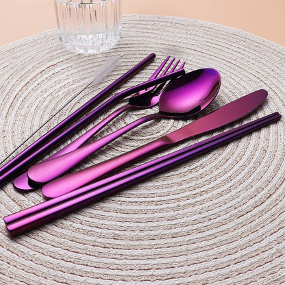 Portable Stainless Steel Flatware Set, Travel Camping Cutlery Set, Portable Utensil Travel Silverware Dinnerware Set with a Waterproof Case (Rainbow)