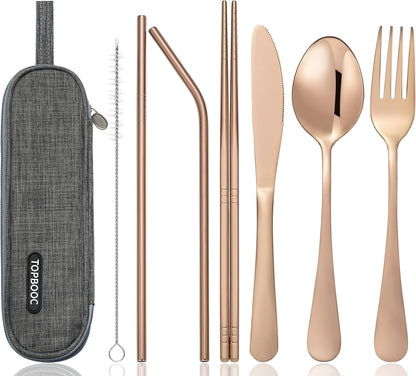 Portable Stainless Steel Flatware Set, Travel Camping Cutlery Set, Portable Utensil Travel Silverware Dinnerware Set with a Waterproof Case (Rainbow)