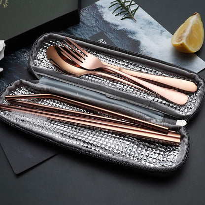 Portable Stainless Steel Flatware Set, Travel Camping Cutlery Set, Portable Utensil Travel Silverware Dinnerware Set with a Waterproof Case (Rainbow)