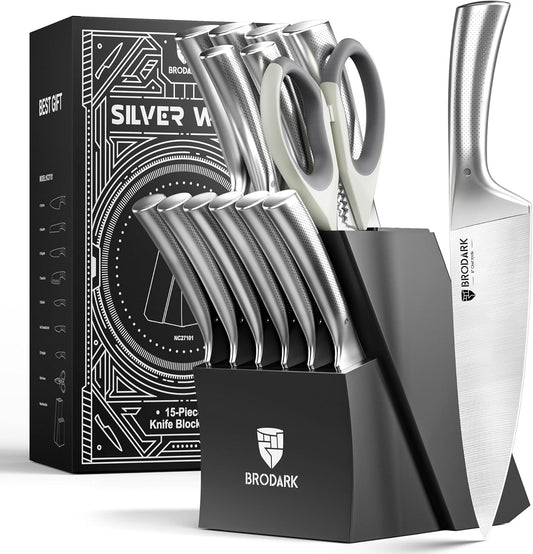 Knife Set with Block Sharpener, High Carbon Sharp Stainless Steel | One Piece Forged Ergonomic Etched Handle, Non-Slip, Balanced Performance for Everyday Cooks, Elegant Gift, Silver Wolf Series