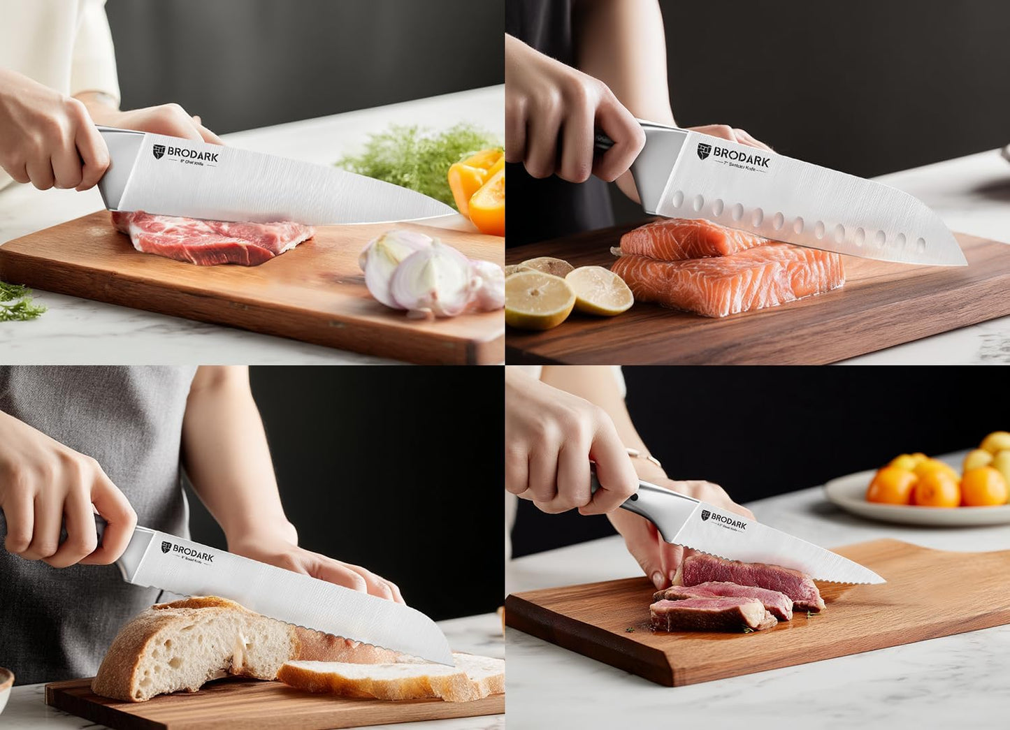 Knife Set with Block Sharpener, High Carbon Sharp Stainless Steel | One Piece Forged Ergonomic Etched Handle, Non-Slip, Balanced Performance for Everyday Cooks, Elegant Gift, Silver Wolf Series