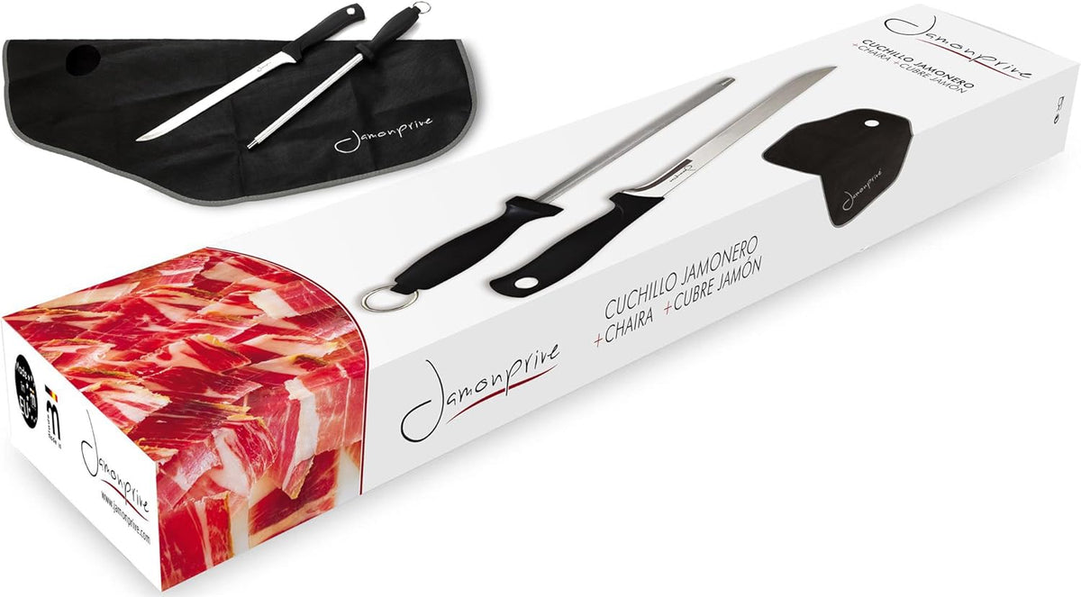 Ham Carving Knife with Honing Steel and Ham Cover - Professional Set for Slicing Serrano, Ibérico Ham & Italian Prosciutto