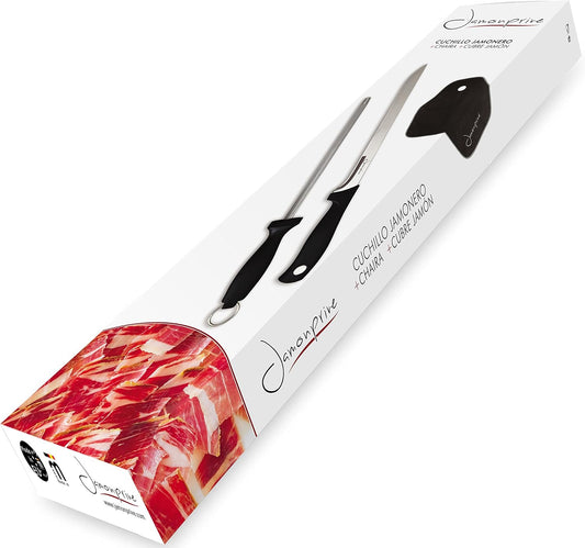 Ham Carving Knife with Honing Steel and Ham Cover - Professional Set for Slicing Serrano, Ibérico Ham & Italian Prosciutto
