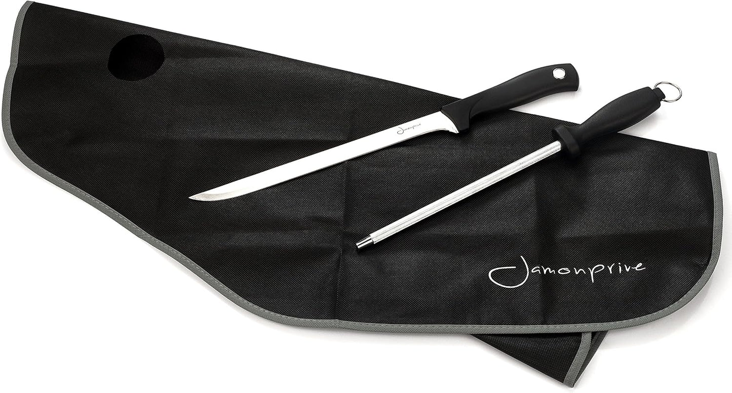 Ham Carving Knife with Honing Steel and Ham Cover - Professional Set for Slicing Serrano, Ibérico Ham & Italian Prosciutto