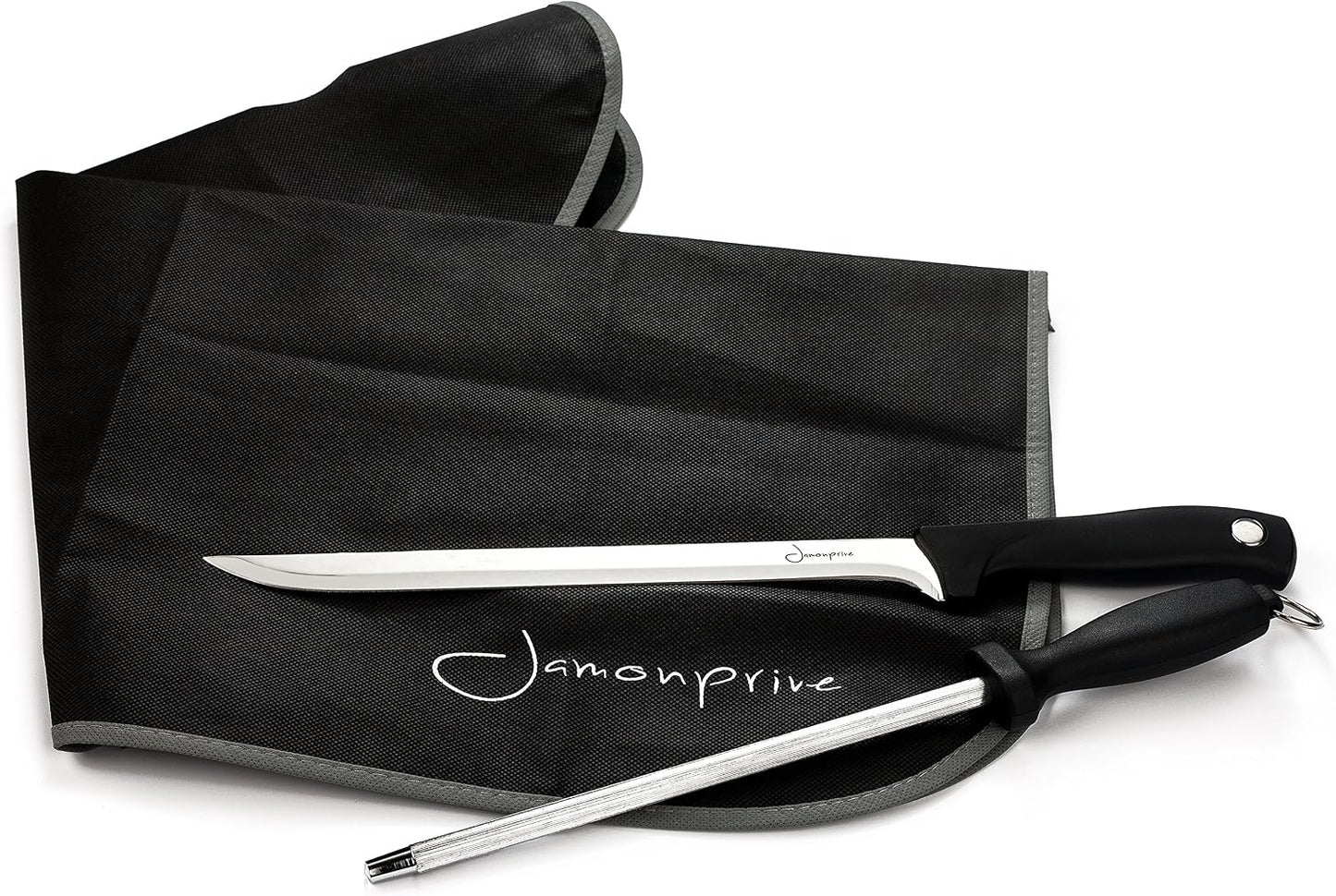 Ham Carving Knife with Honing Steel and Ham Cover - Professional Set for Slicing Serrano, Ibérico Ham & Italian Prosciutto
