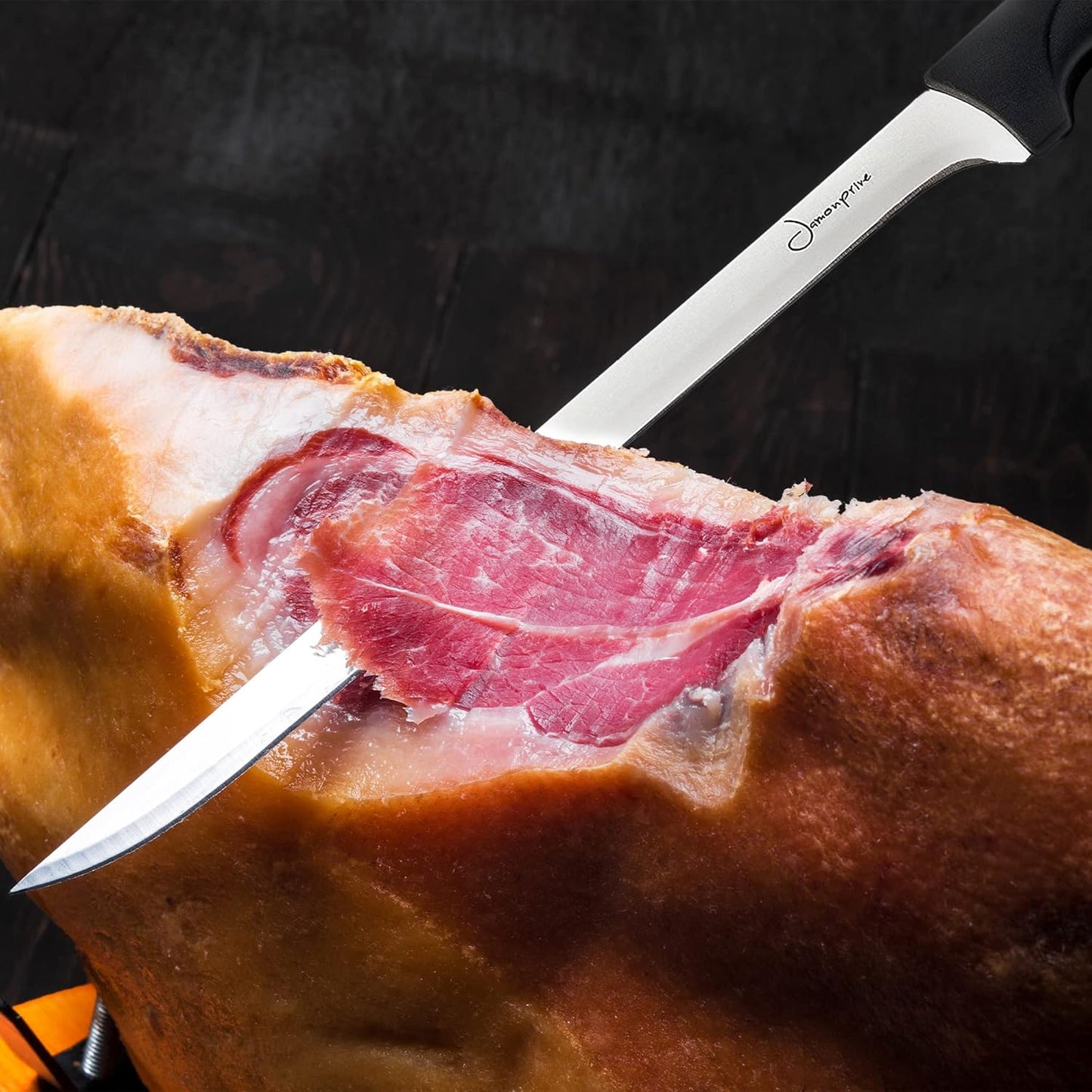 Ham Carving Knife with Honing Steel and Ham Cover - Professional Set for Slicing Serrano, Ibérico Ham & Italian Prosciutto