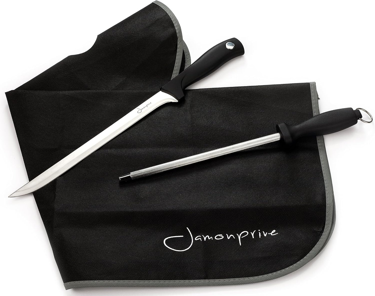 Ham Carving Knife with Honing Steel and Ham Cover - Professional Set for Slicing Serrano, Ibérico Ham & Italian Prosciutto