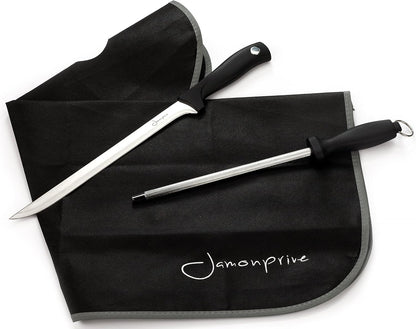 Ham Carving Knife with Honing Steel and Ham Cover - Professional Set for Slicing Serrano, Ibérico Ham & Italian Prosciutto