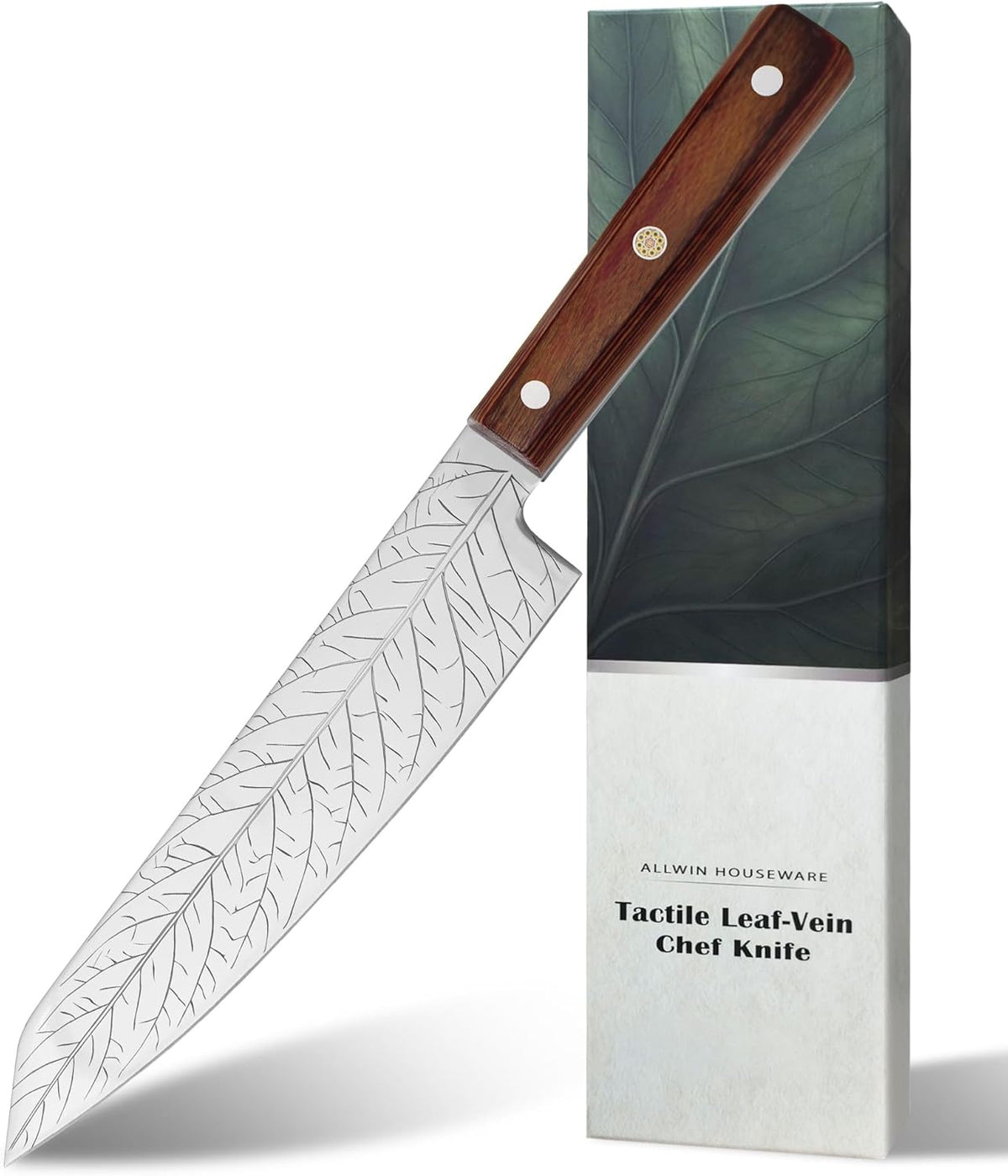 8-Inch Leaf‑etched Chef Knife – Deep Electro‑etched Leaf Pattern with 3D Air‑Pocket Design, Premium Stainless Steel Blade & Ergonomic Wood Handle for Kitchen Cooking Gift Red